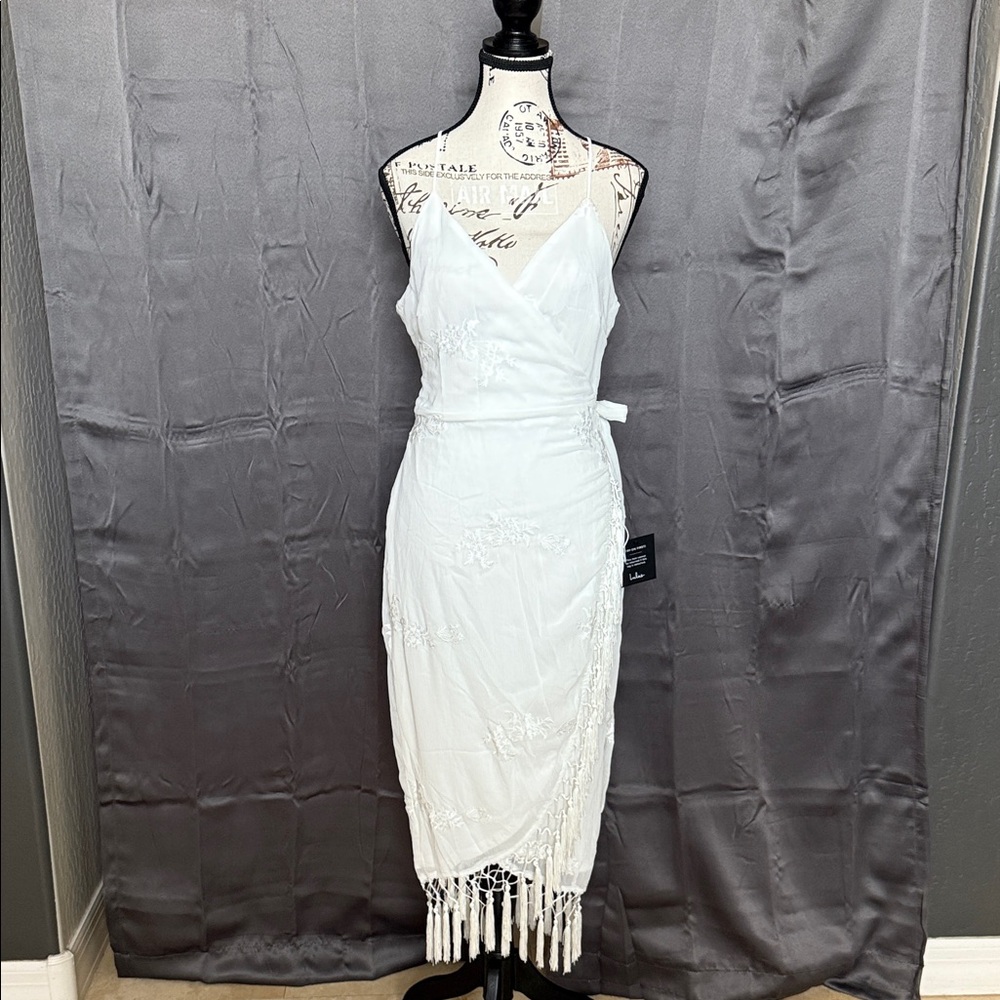 LULUS Elegant White Lace Dress with Fringe and floral stitching